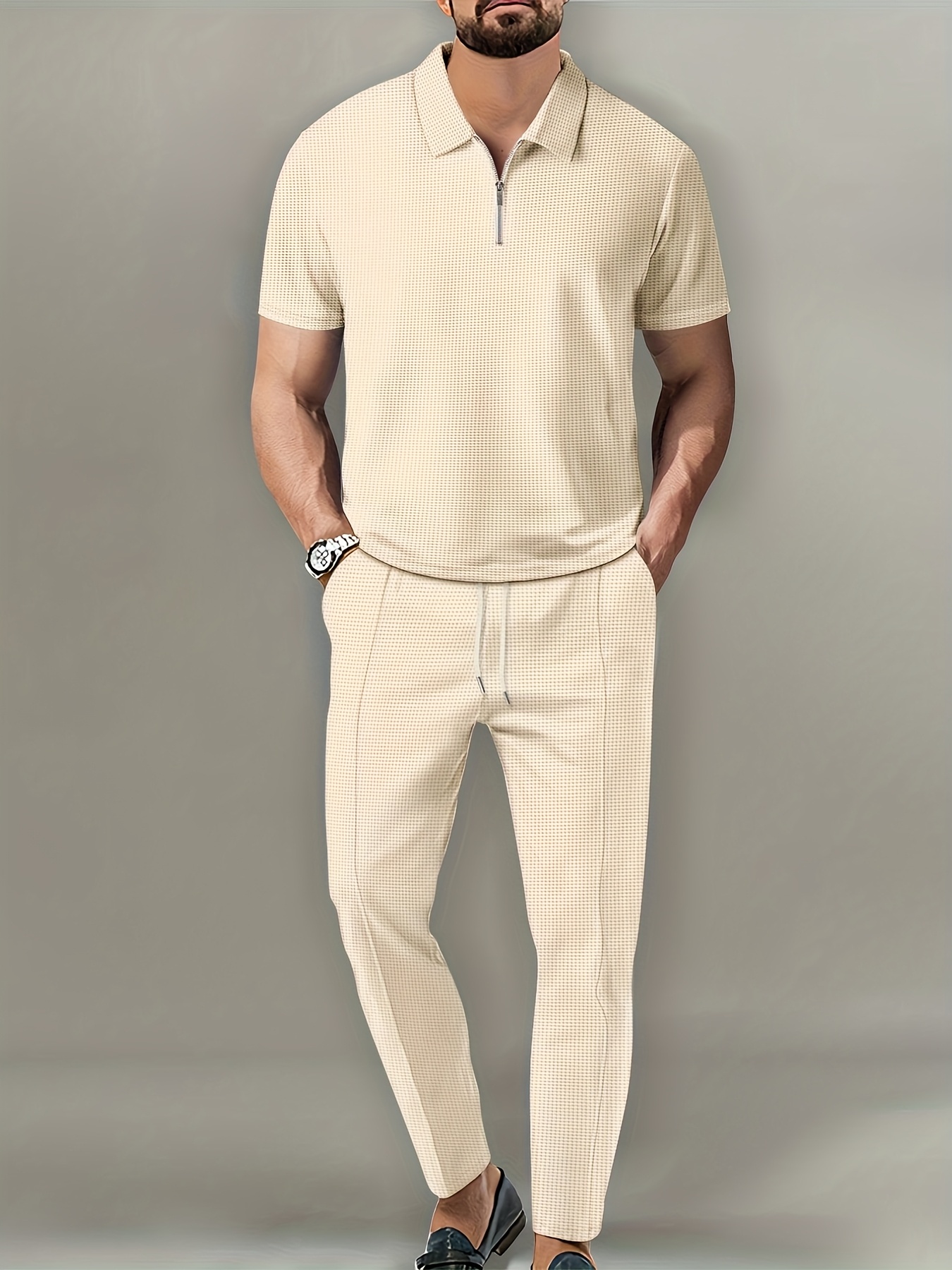     obm 2pcs mens summer casual polyester suit short sleeved lapel t shirt and drawstring trousers regular fit suitable for daily wear and beach vacation solid color beach vacation