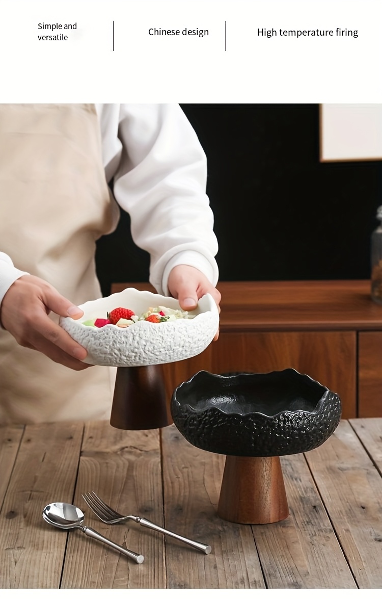 1pc Wooden Foot Ceramic High Fruit Plate, Multi-Functional Ceramic Bowl, Chinese Creative Tea Heart Plate, Nut Cake Fruit Dessert Plate, Suitable for Tea Rooms, Restaurants, Hotels And Families