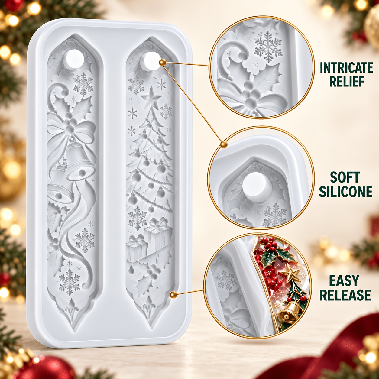 TEMU Resin Silicone Mold, 2 Cavity Christmas Snowflake Bookmark Mold With Hanging Hole, Crystal Fine Relief Epoxy Resin Casting Mould For Christmas