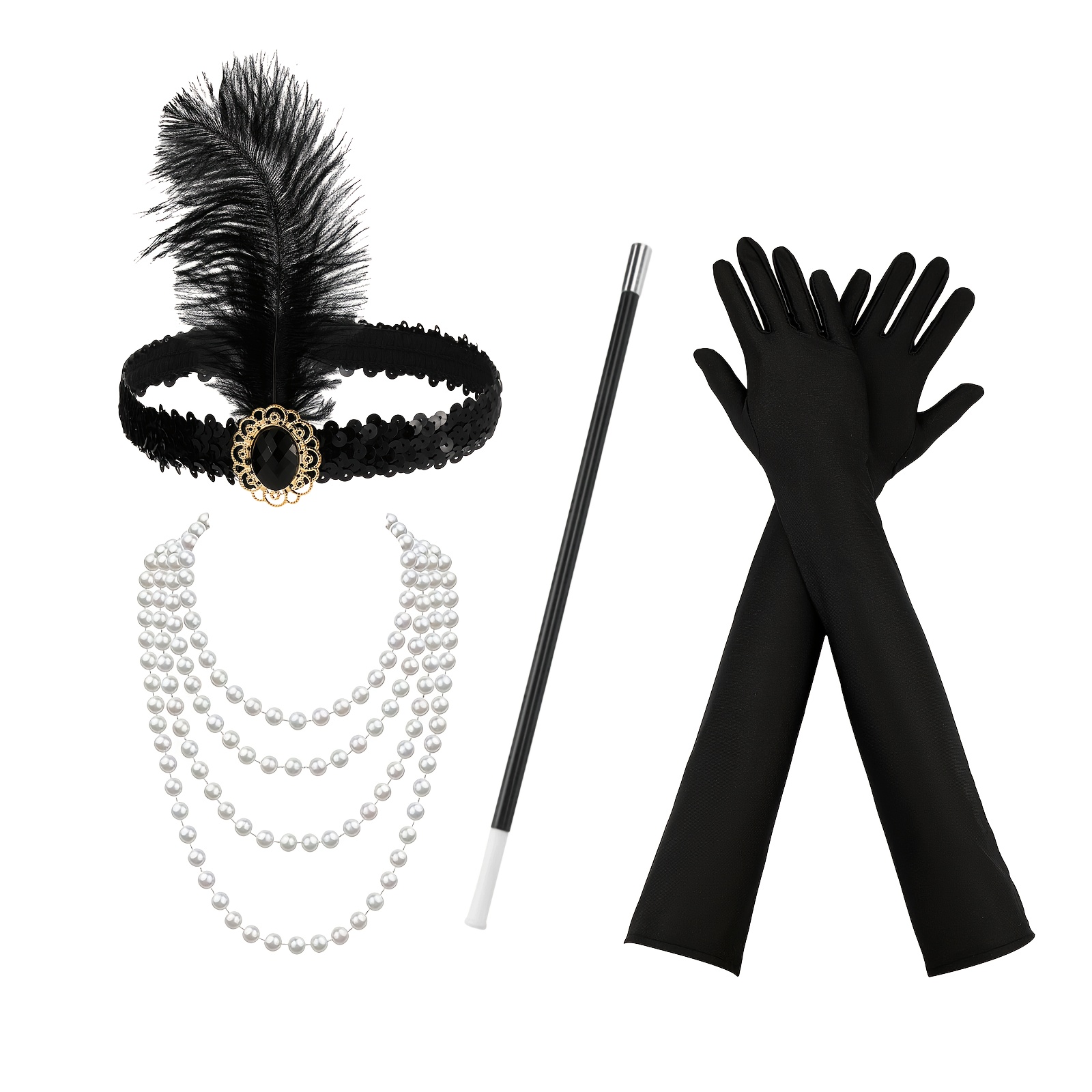 TEMU 1920s Vintage Women's Popular Outfit Set, 4pcs: Great Dress, Black Long Gloves, Headband And Necklace