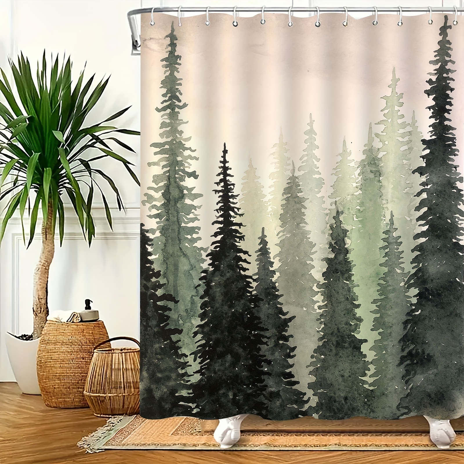 

Water-resistant Polyester Shower Curtain Set With Tree Pattern, Machine Washable, Mildew-proof Bathroom Decor With Grommets, Includes 12 Hooks, Knit Fabric Bath Partition For Home Decor
