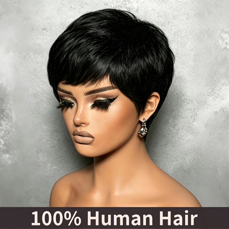 TEMU Perruque USEXY en cheveux humains brésiliens pour femme - Perruque courte et lisse couleur 1B avec une de 150 %, de cheveux et perruque