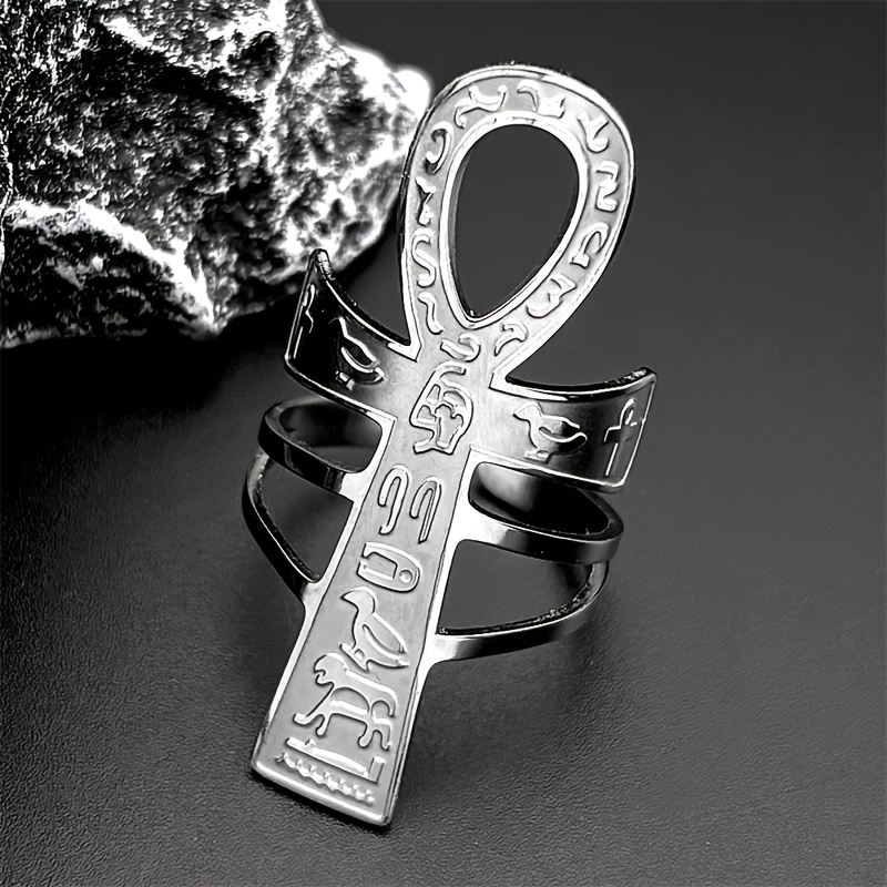 TEMU Anillo abierto ajustable de cruz Ankh , llave de , para mujer y hombre, acero inoxidable, mitología, animal, , joyería