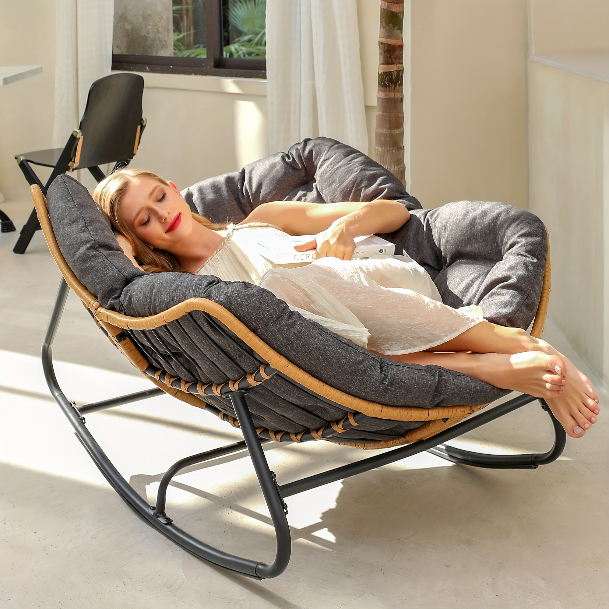 

Outdoor Rocking Chair, Patio Egg Rocking Chair, Indoor Papasan Chair, Rattan Wicker Lounge Chair, Modern Royal Chair For Bedroom, Living Room, Porch, Garden, Lawn