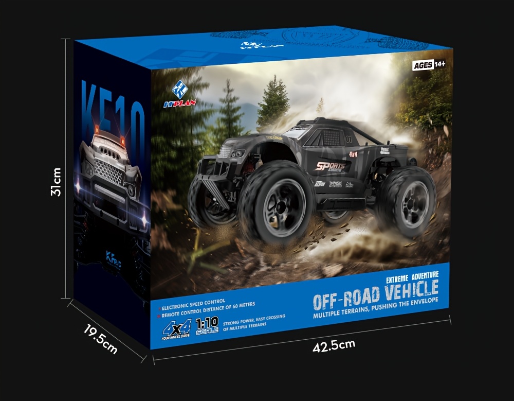 FUUY KF10 1:10 RC Off-Road Vehicle with 4x4 Four-Wheel Drive, High-Speed 2.4GHz Wireless, USB Rechargeable & 2 Lithium Batteries - Durable Plastic Remote Control Car for Outdoor Racing, Mud Terrain, Rock Climbing, RC Car, Mud Terrain Vehicle, Sleek Vehicle Design, Sturdy Construction