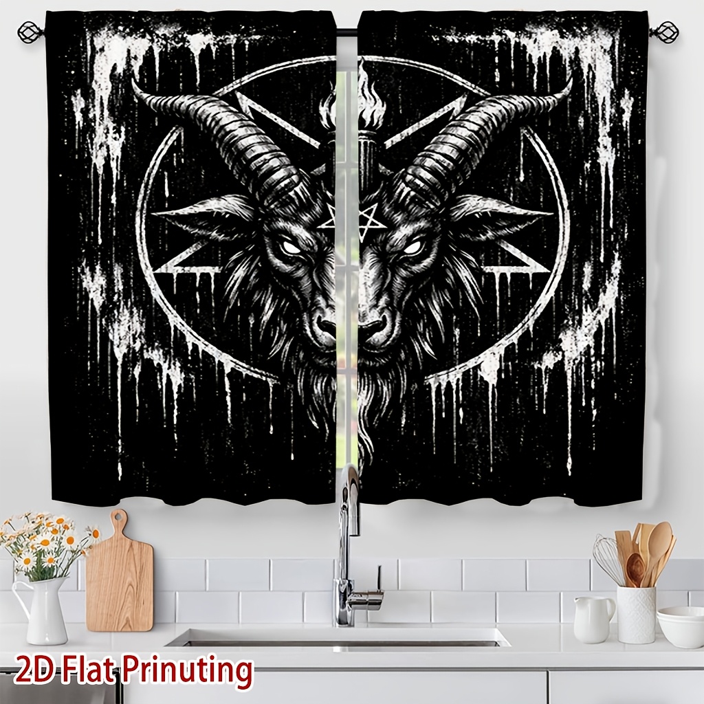 TEMU 2pcs Goat Head Mystical Totem Print Curtains | Soft Light, Privacy Protection, Polyester, Blackout, Rod Pocket Installation For Living Room,