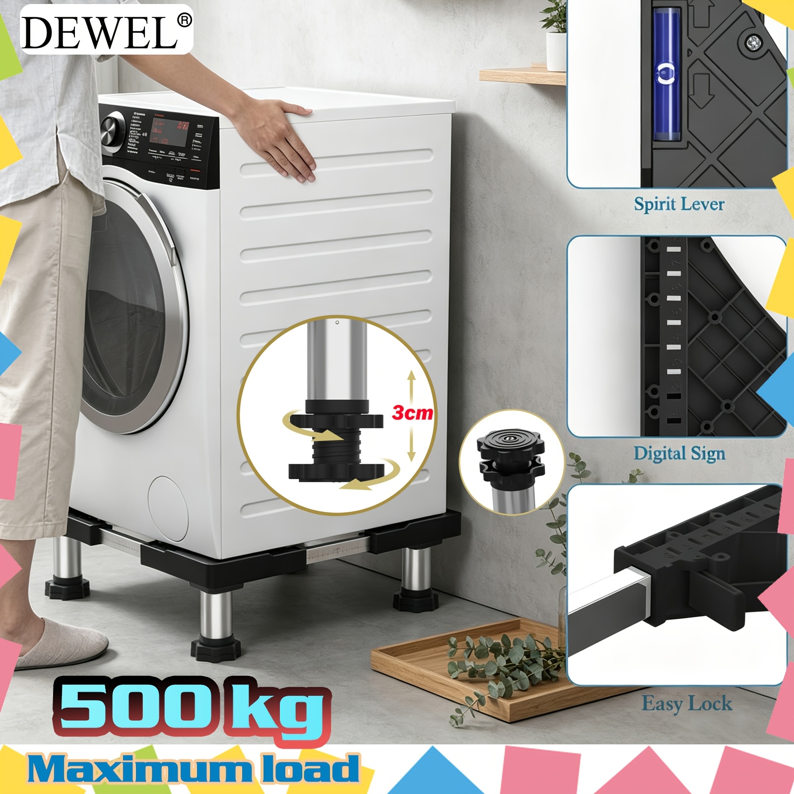 TEMU DEWEL Base de rehaussement pour machine à laver et plantes en pot, hauteur réglable 13-17 cm / largeur 45-65 cm, de charge 500 kg / 1102 lb,