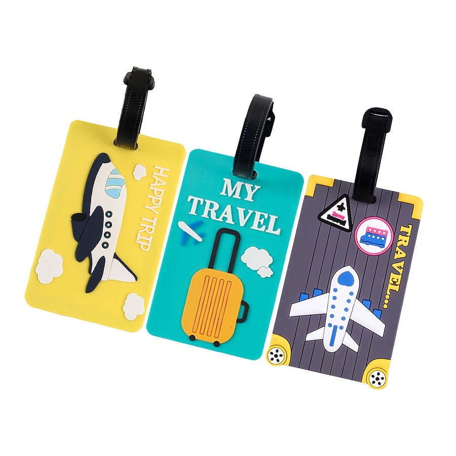 

3pcs Vibrant Cartoon Luggage Tags - Pvc, 3d Airplane & Suitcase Designs In Lake Blue/grey/yellow - Easy Identification For Bags & Backpacks, High-quality With Name , Ideal For Travel & Gifts