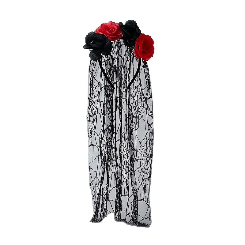 TEMU Black And Red Rose Lace Headband, Halloween Gothic Style Ghost Bride Headband, Holiday Performance Cosplay Costume Accessory For Christmas
