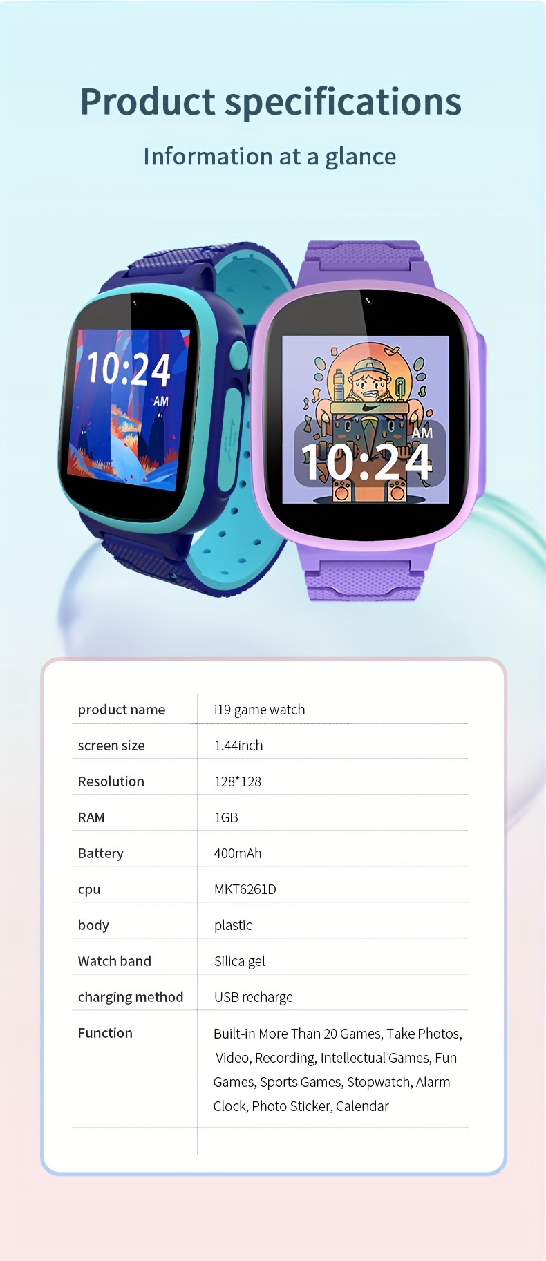 kids smart watch with hd camera 119mb storage 20 educational games   plastic case electronic movement silicone band blue details 11