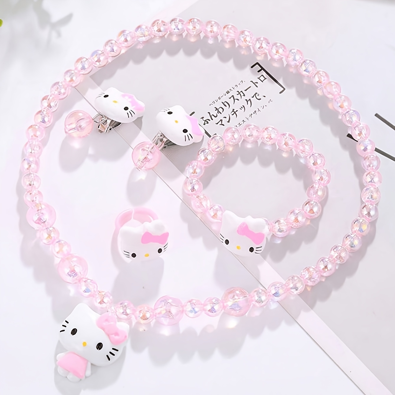 Image of 5pcs Set: Teen Necklace, Bracelet, Earrings, And Ring Jewelry Set, Hello Kitty Theme, Includes Card