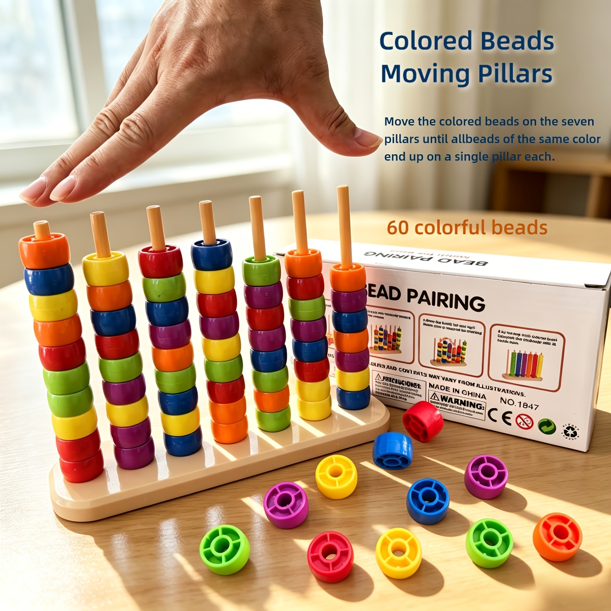 TEMU Bead Shifting Column Toy (7 Columns, 60 Beads In 6 Colors). Shift Colored Beads Columns All Beads Of Same Color On 1 Column. Intelligence,