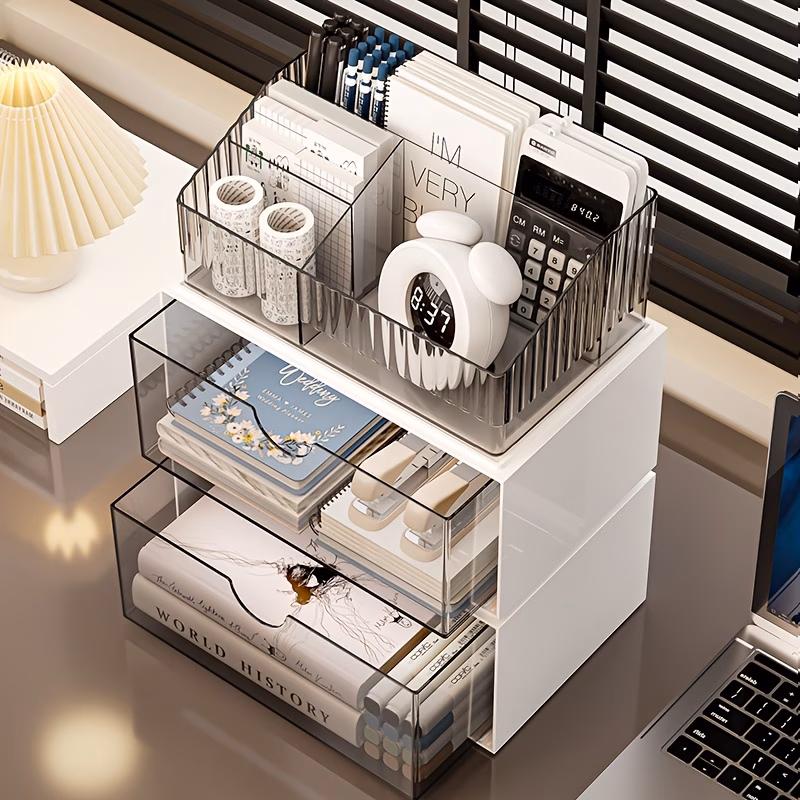 versatile use large capacity desk organizer with drawer multi layer transparent storage box for office supplies back to school organization Product details 4