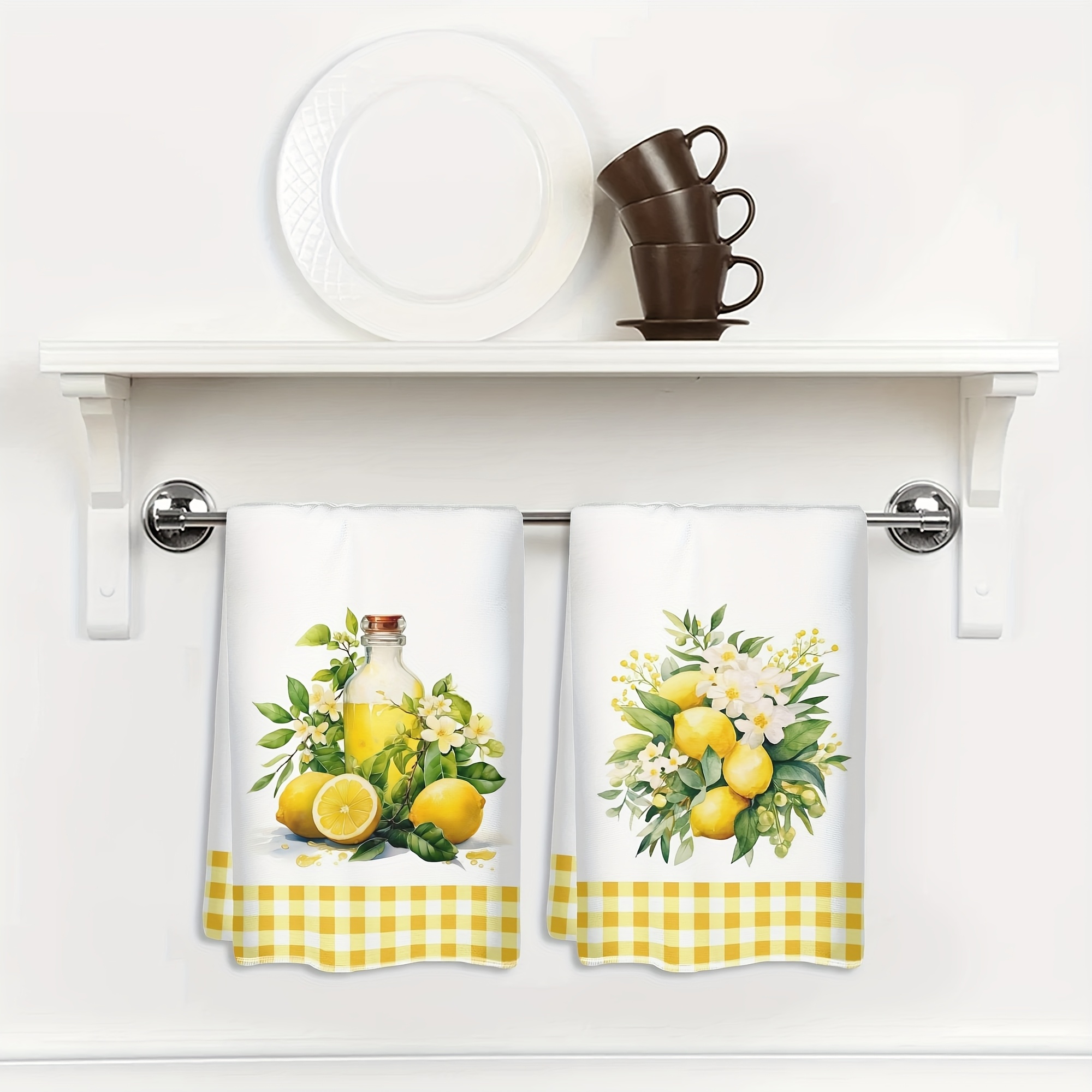 TEMU 2pcs, Oil Bottle Pattern Printed Dish Towels, Complete , Half-cut Lemon, Emerald Green Branches And Leaves With Blossoms, With Yellow And White