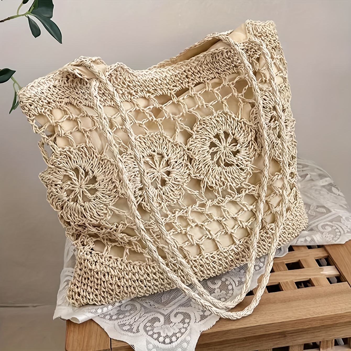 Image of 1pc Fashion Boho Large Capacity Solid Color Hollowed Straw Weave Zipper Double Handle Women's Beach Bag For /vacation/clothing Matching