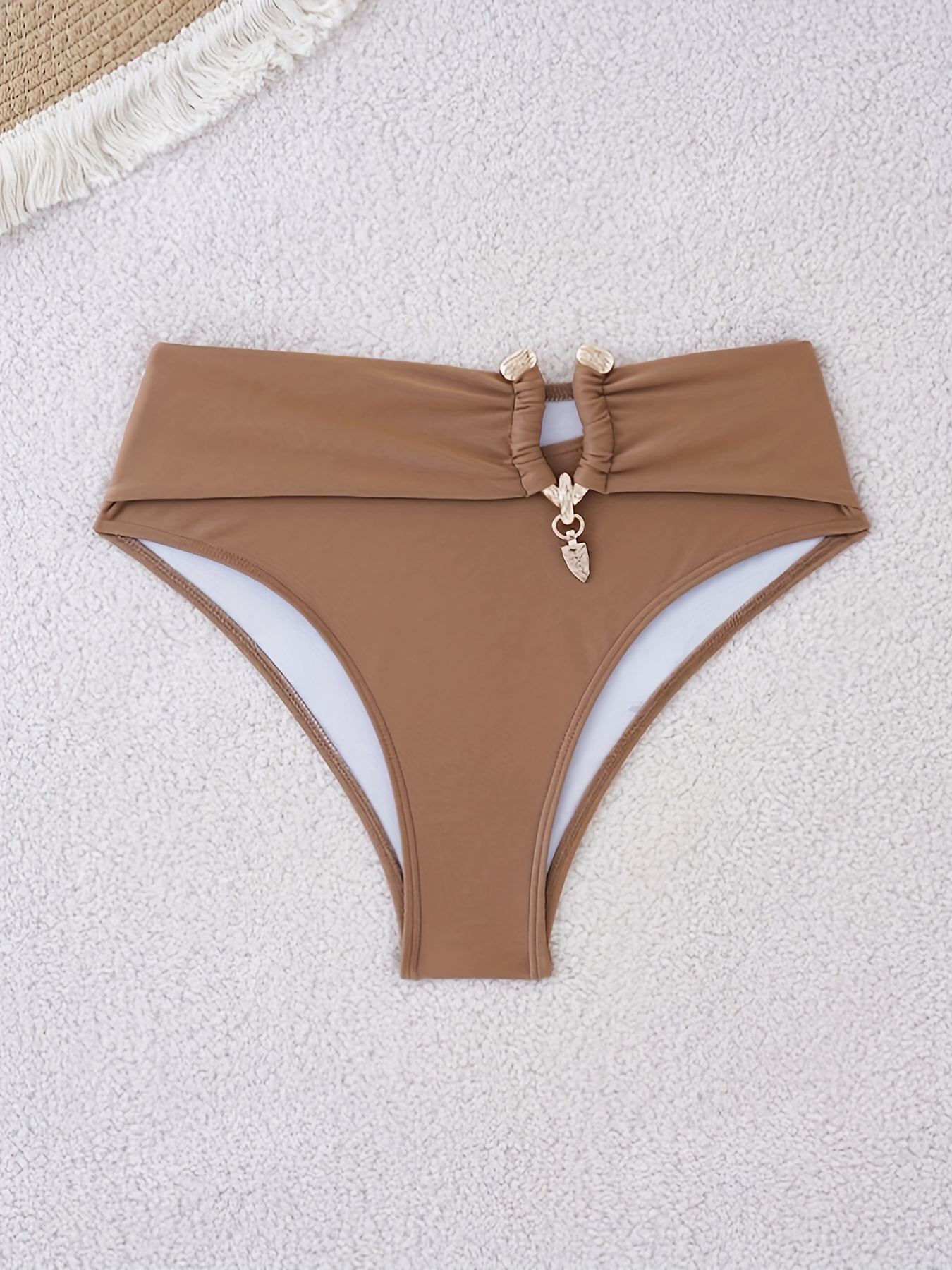 1pc Women'S High-Waisted Bikini Bottoms with Metallic Accents, Solid Color, Knit Fabric, 80% Polyamide 20% Elastane, Stretchy Swimwear
