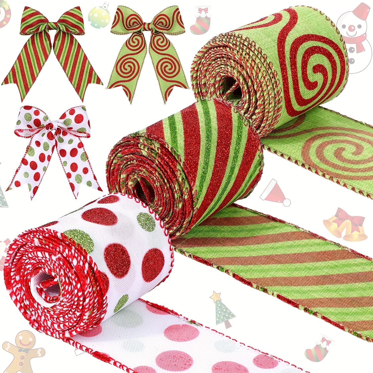 

3 Rolls Of Festive Christmas Ribbon: Red And Lime Green Swirls, Polka Dots, And Classic Style For Diy Crafts And Tree Decorations