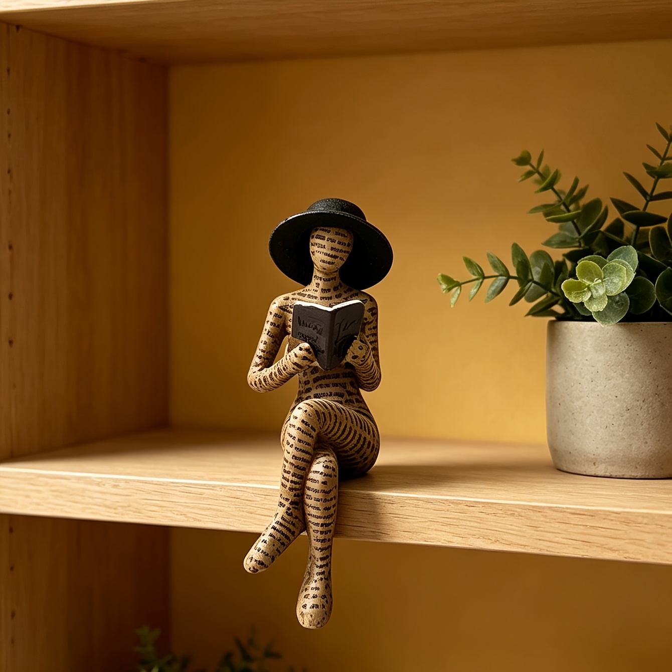 TEMU Reading Woman Resin Figurine With Black Hat, Abstract Bookworm Statue, Modern Aesthetic Home Decor For Bookshelf, Desk, Living Room, Office,