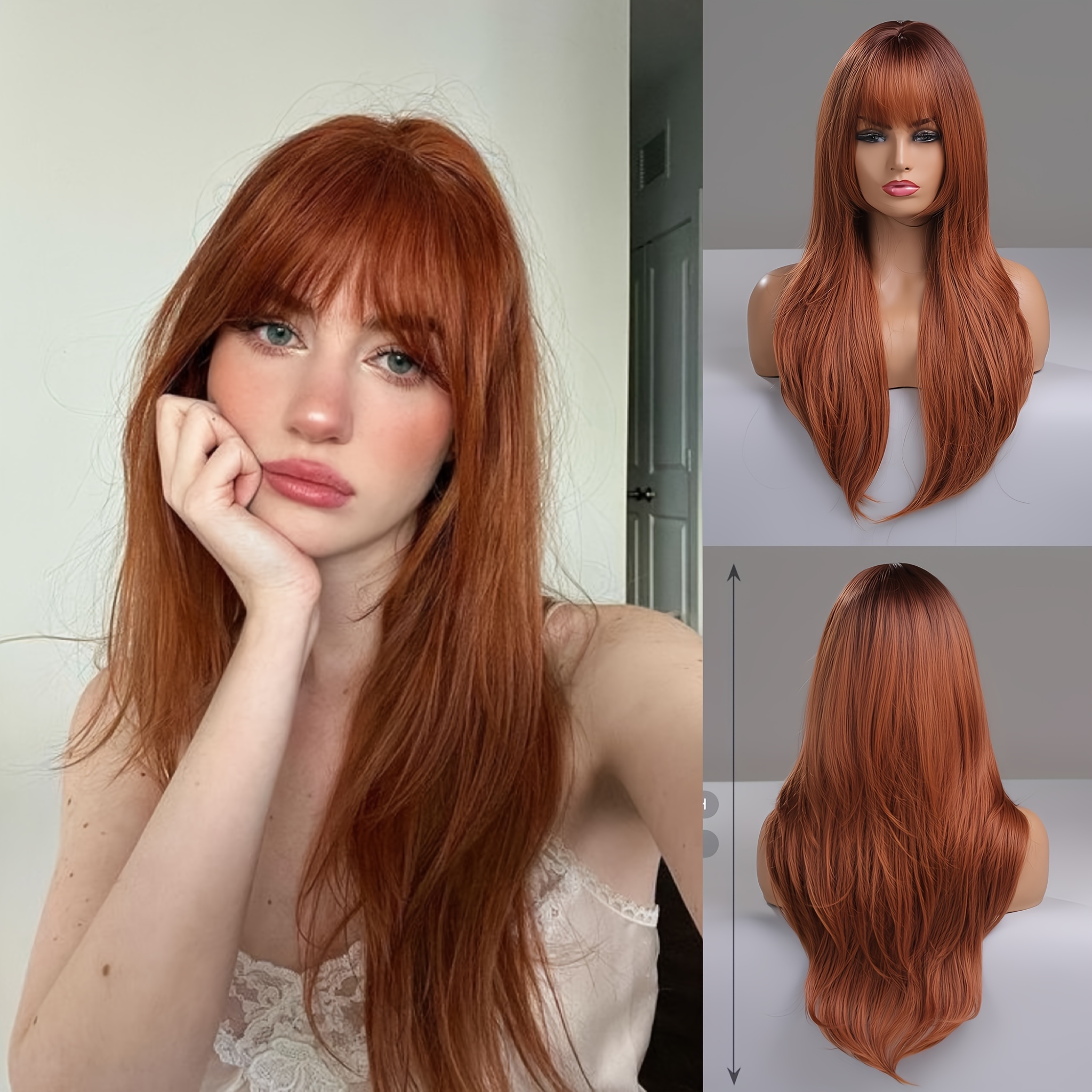 60.96 Cm Synthetic Wig Women Brown Red Long Curly Hair With Bangs