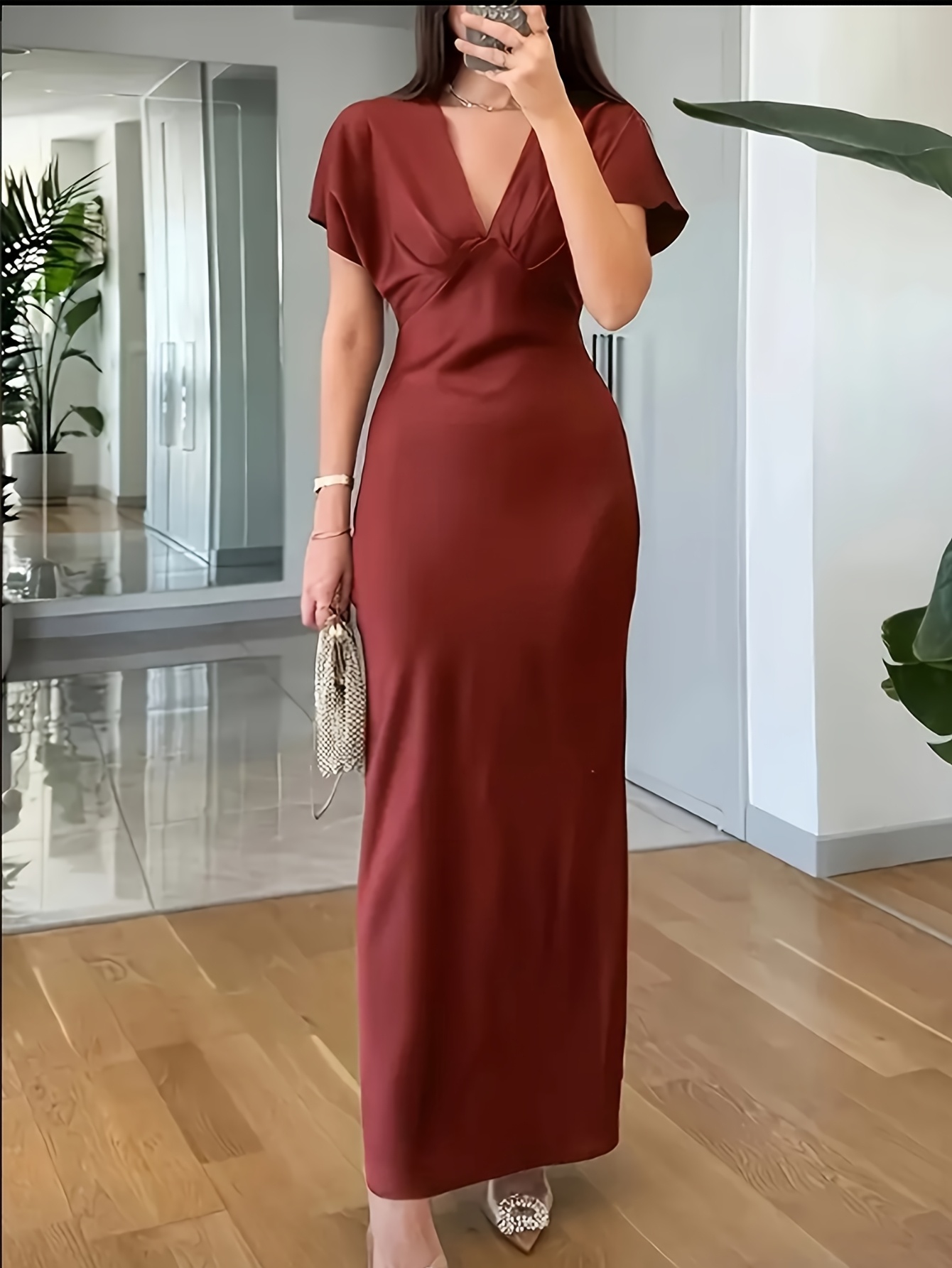 elegant red satin v neck bodycon dress ruched bust design Temu