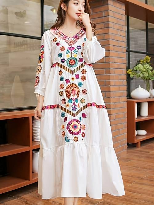 ethnic embellished maxi dress neck semi sheer beach dress suitable for travel loose line maxi dress with embroidery vacation dress