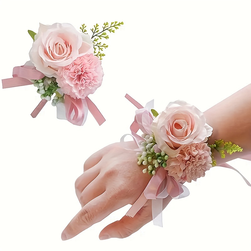 

Pink Rose Wrist Corsage Set, 1pc Handmade Artificial Flower Bride Bridesmaid Wedding Party Decoration Accessory, No Battery No Feathers, Use Without Electricity