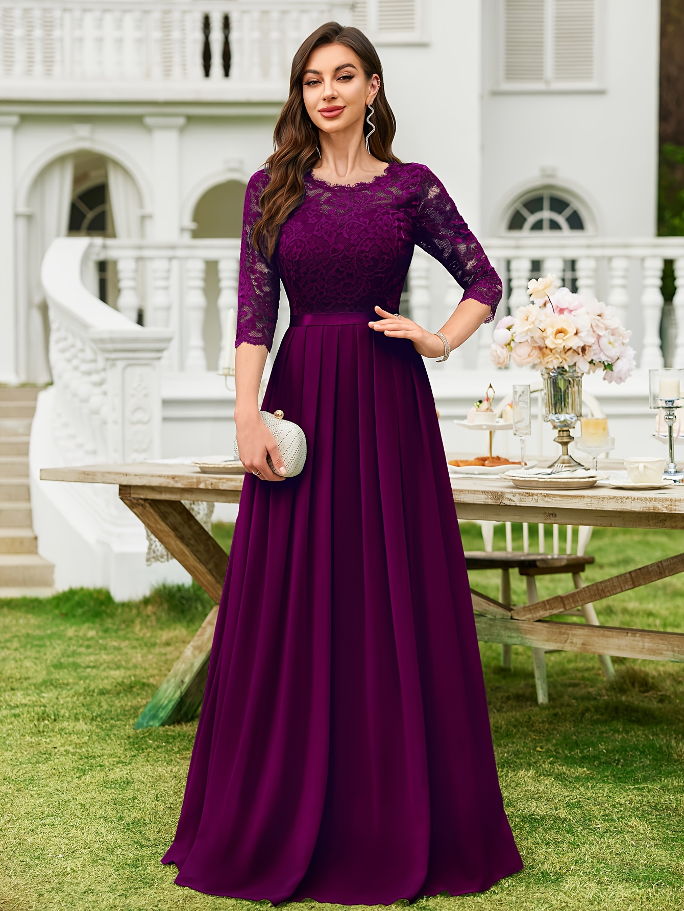 knee length dresses for ladies Wedtrend Women Dark Purple Mother of The Bride Dress Lace Chiffon Square Neck Mermaid Slit 3/4 Sleeves Formal Dress, Dark Purple / US12 main image 0