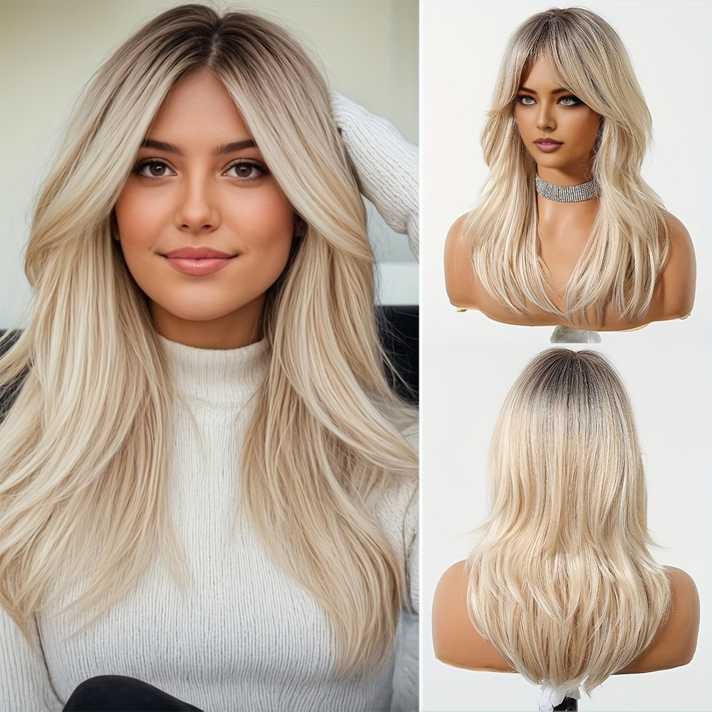 Image of Blonde Wig For Women Shoulder Long Layered Straight Blonde Platinum Bob Wigs With Fringe Mixed White Hair Synthetic Heat Resistant Wig For Party Cosplay