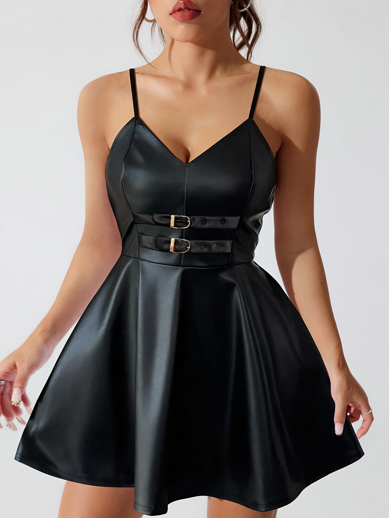 women's elegant leather mini dress sleeveless black - Temu Poland