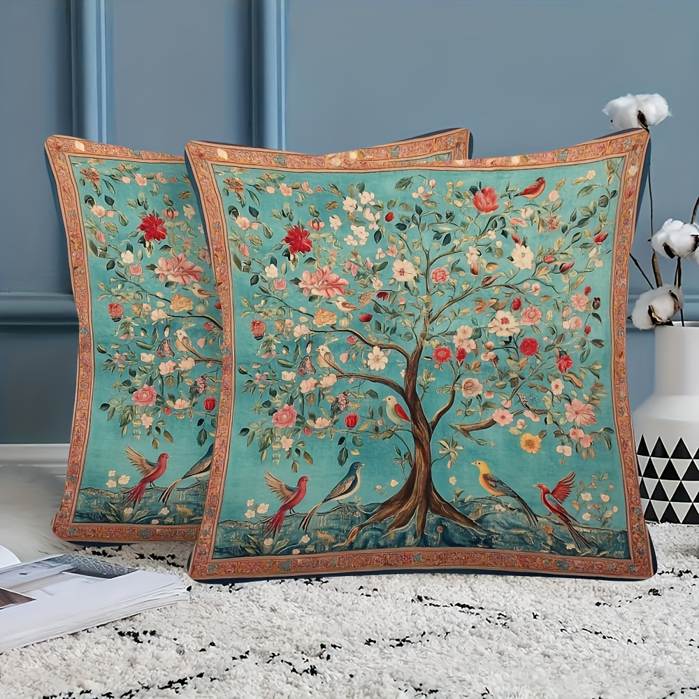 TEMU Set Of 2 Turquoise Of Life And Bird Floral Pattern Pillow Covers, Suitable For Sofa, Bed, Living Room, And Car Decoration, Vintage Style,