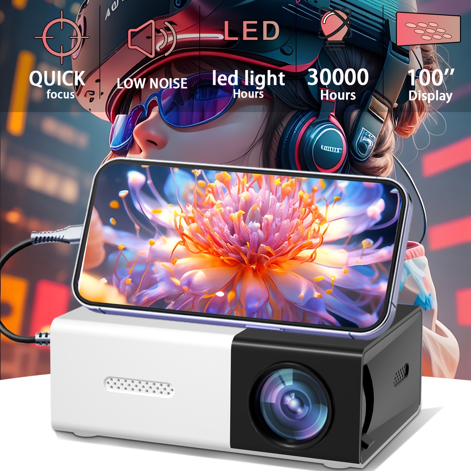 zrztm mini projector portable projector compatible with computer mobile speaker tv stick devices built in speaker great for birthday holiday gifts lasts up to 30000 hours office projector details 0