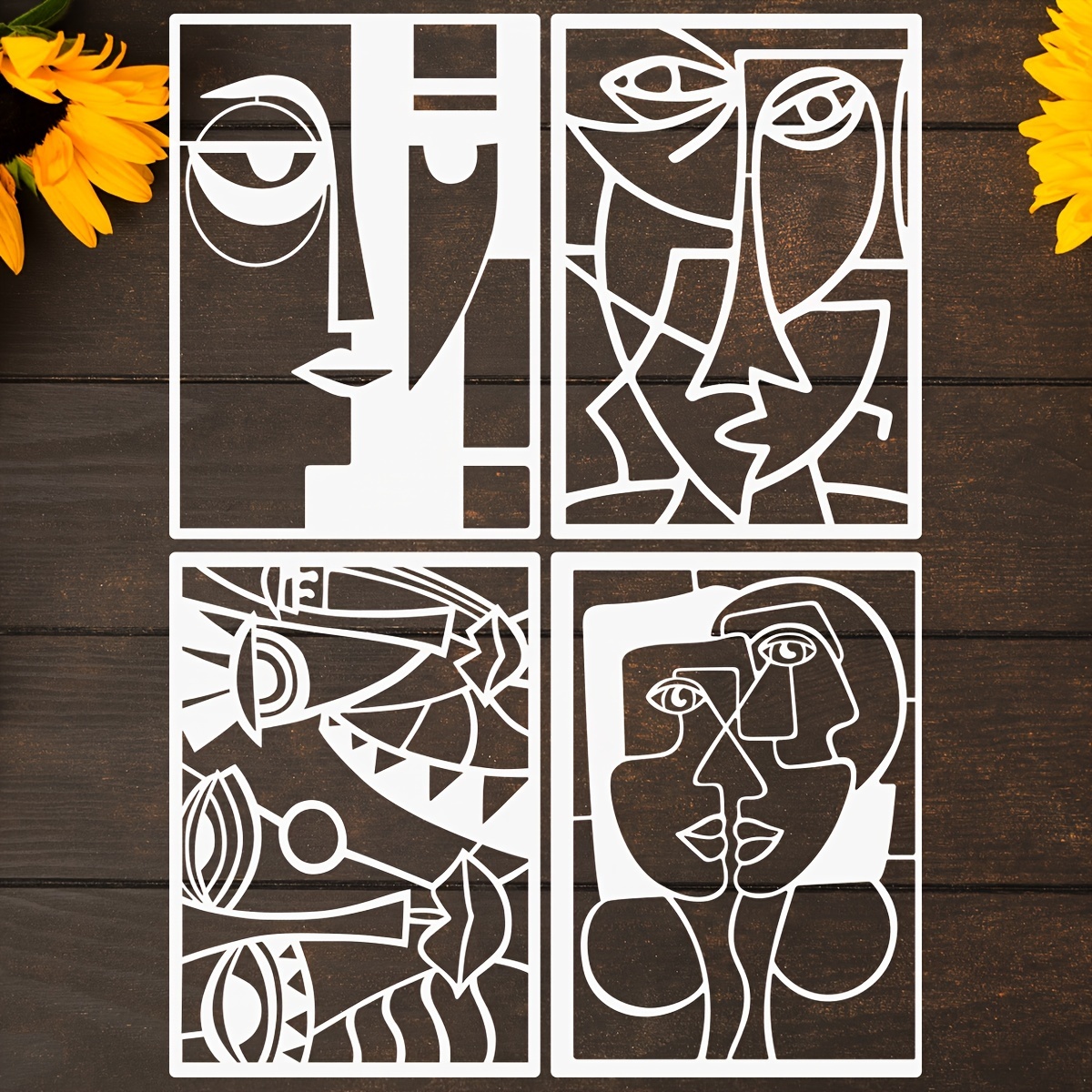 Image of Set Of 4 Abstract Figure And Portrait Stencils - Reusable Line Art Stencils For Painting On Wood, Canvas, Walls, And Fabrics, Ideal For Home Decor Art Supplies