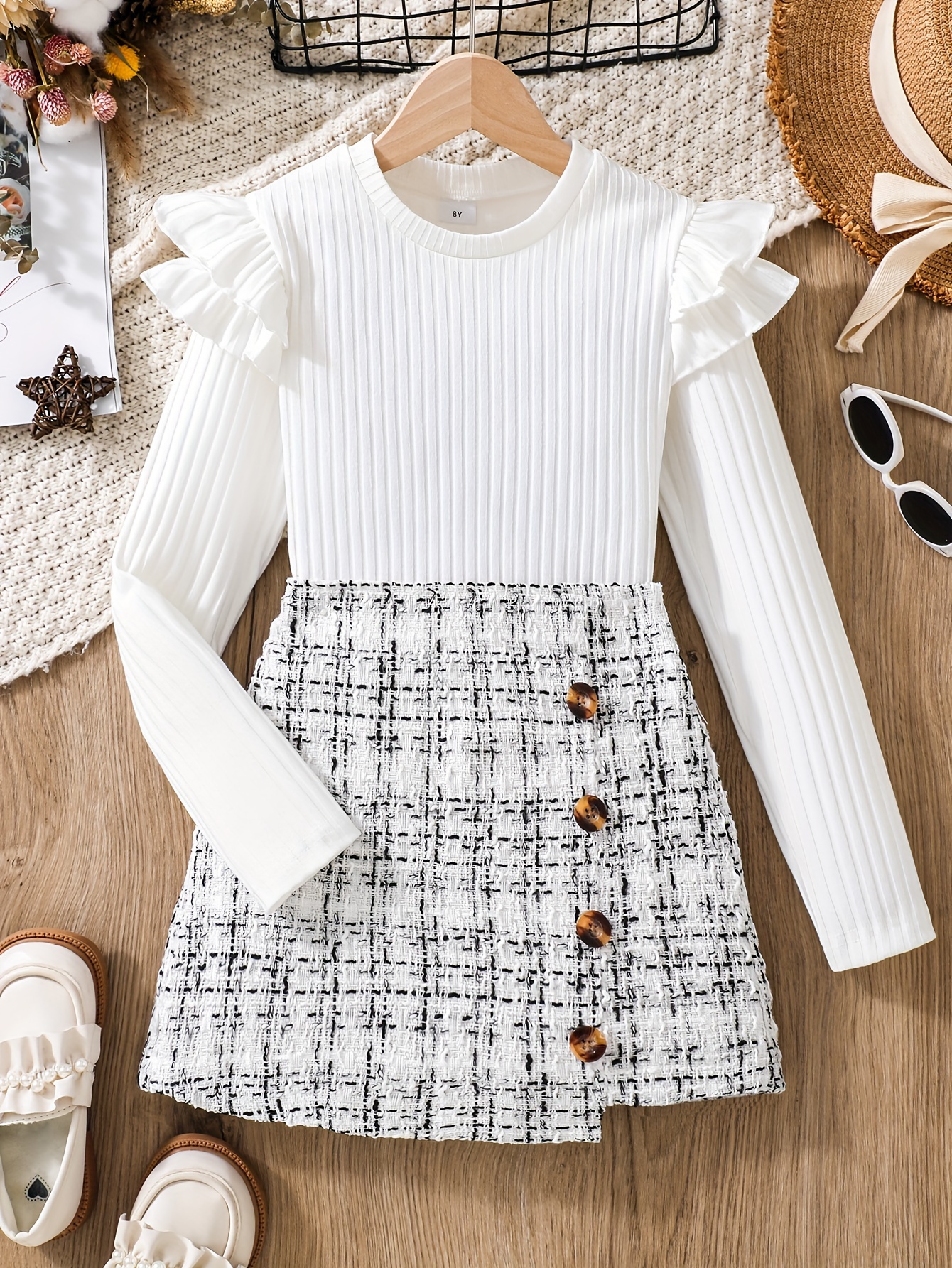Flounce Trim Long Sleeve Top Tweed Knit Skirt