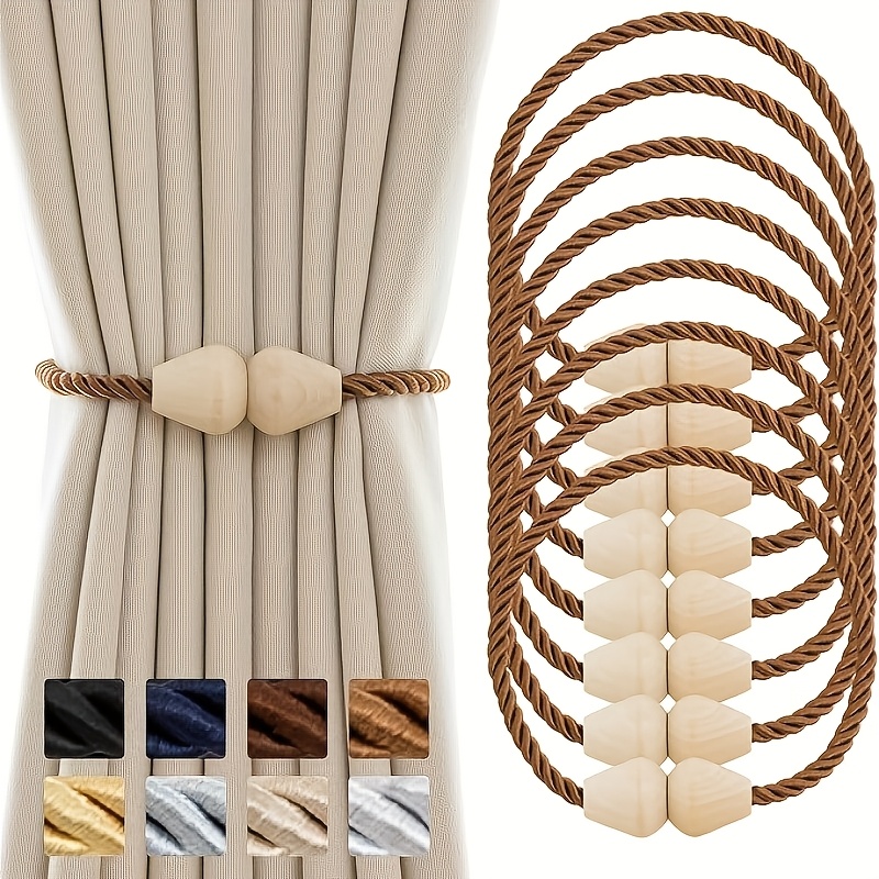 Bohemian Style Wooden Magnetic Curtain Tiebacks, 8pcs Set of Rope Curtain Holdbacks for Handmade Curtains, Multiple Colors Available