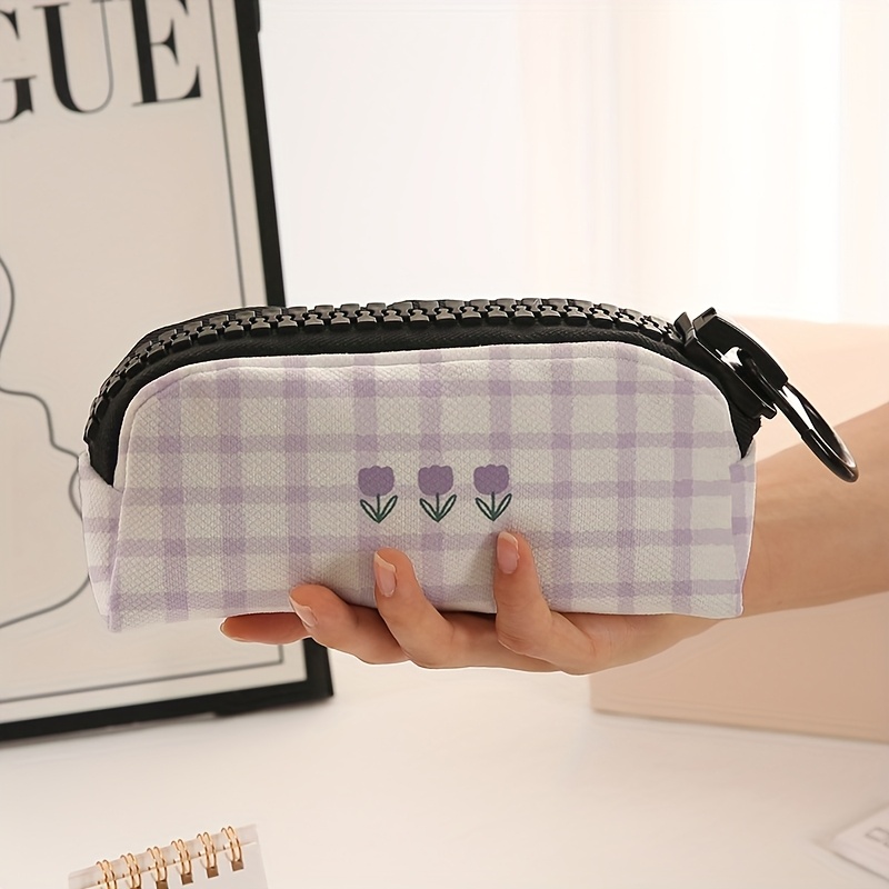 TEMU Purple Checkered Floral Pattern Printed Large Zipper Stationery Storage Bag Suitable For Stationery And Study Supplies