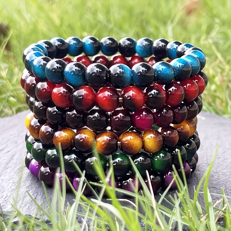 TEMU Set da 6 braccialetti in occhio di tigre da 8mm, realizzati a , eleganti e resistenti, adatti per abbigliamento casual - Design unisex, per San