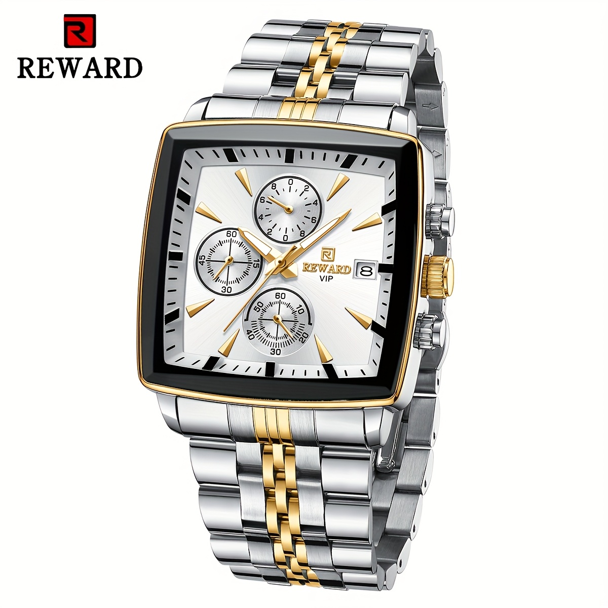 luxury golden and white rectangular mens watches featuring a calculator and stopwatch multifunctional quartz wristwatches with luminous hands   business   0