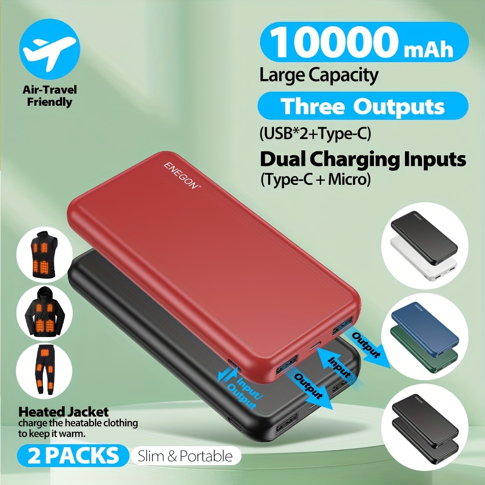 TEMU Enegon 2-pack 10000mah Portable Power Banks - Universal Usb-c Power Stations With Lithium Polymer Batteries, 4 Usb Dual Ports For Iphone, ,