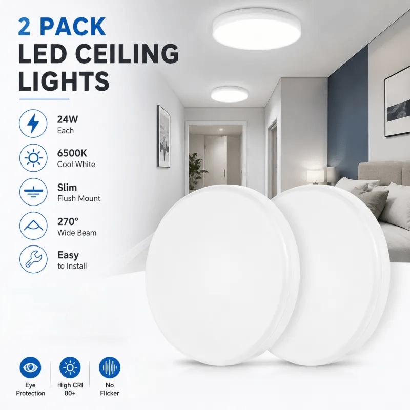 2 Pack LED Ceiling Lights 24W Each, 6500K Cool White Flush Mount Ceiling Light,   Round LED Ceiling Lamp, No  ,  , for Bedroom Hallway   Room