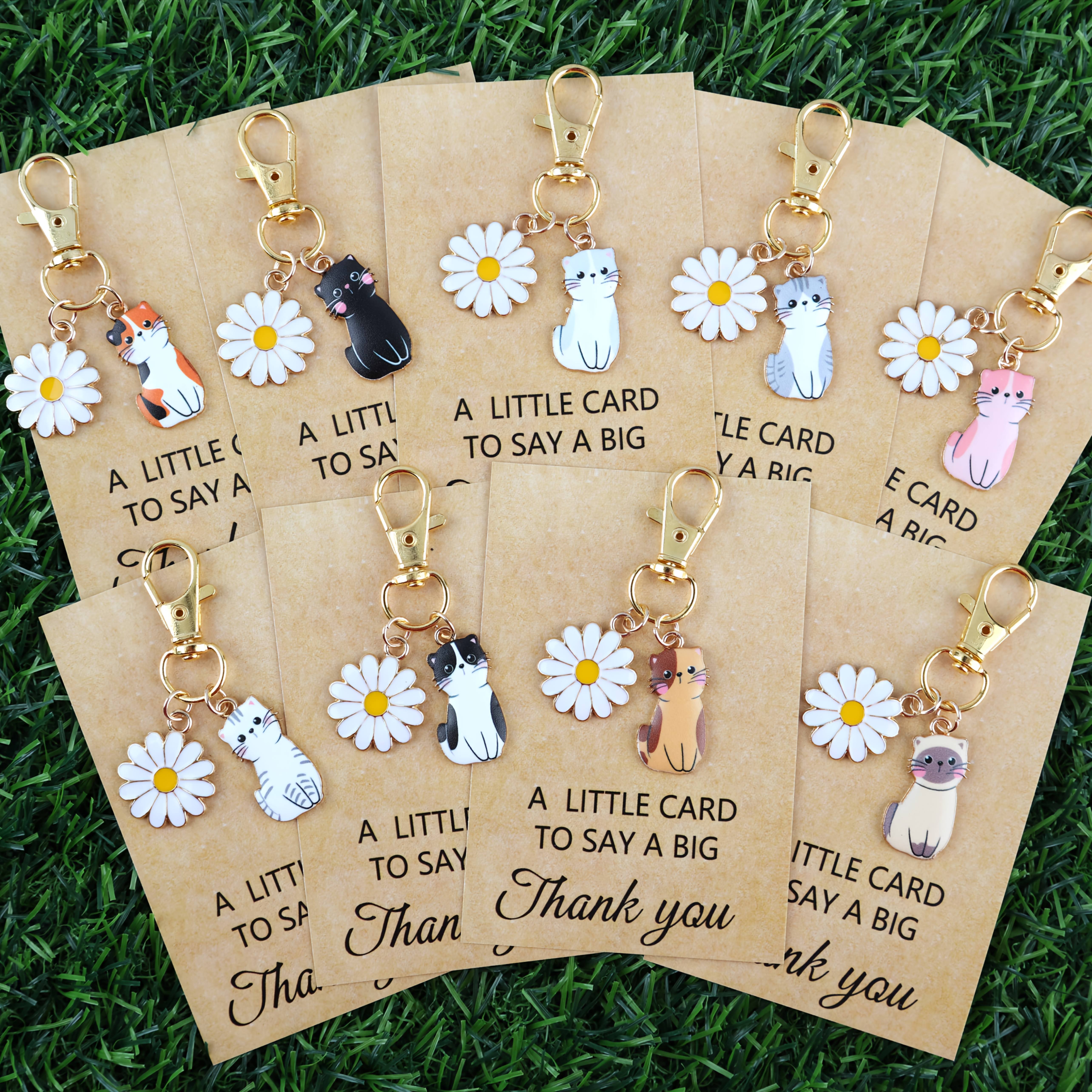 Image of 9pcs Cute Cartoon Cat And Daisy Keychain Set, Featuring A Thank-you Motivational Card, Car Keys, And Fashionable Animal And Floral Accessories For A Bag, A Thoughtful Gift For