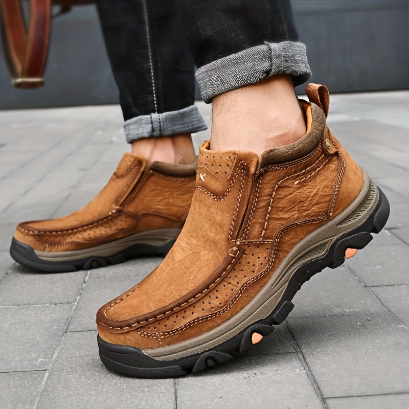 Herr höga läderloafers klassiska slip on vardagsskor för utomhusbruk, vandring, avslappnad klädsel, bekväm ovandel i äkta läder med halkfri gummisula, vardagsskor, slipon loafers, slitstarka gummisuladetaljer 5