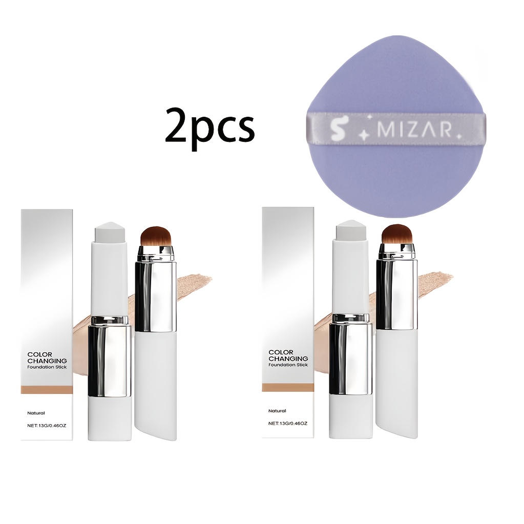 TEMU 2pcs 2-in-1 Color-changing Foundation Stick (with Brush) + Puff, Lightweight Texture, Matte, Sheer And Light, Everyday Foundation Stick For
