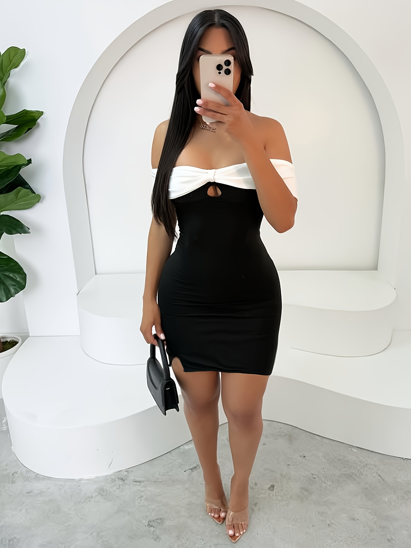 9020 fashion solid color shoulder dress white bow accent - Temu Mexico