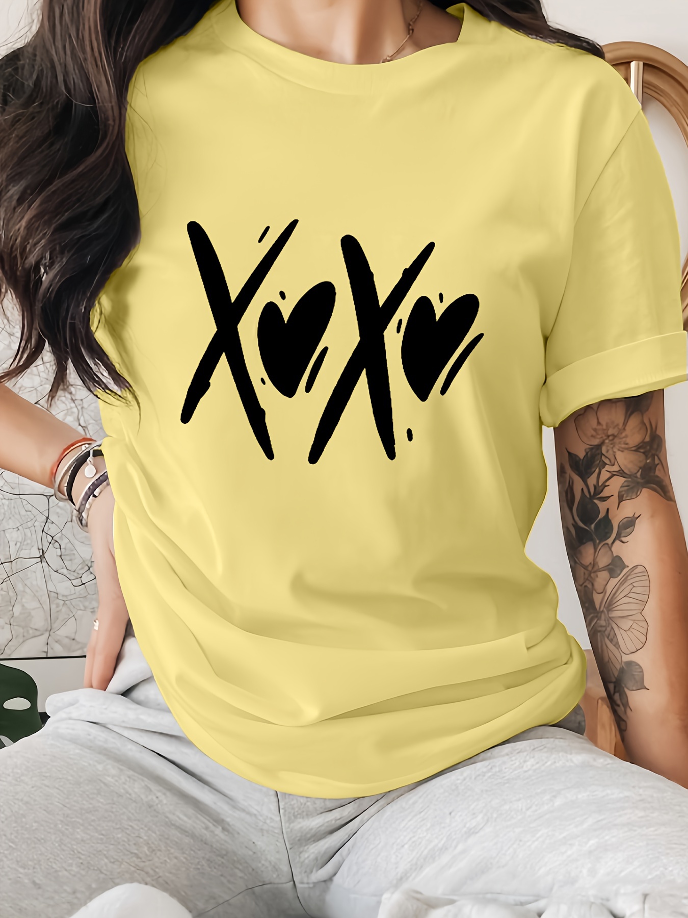 Heart Letter Print T shirt Short Sleeve Crew Neck Casual Top - Temu ...