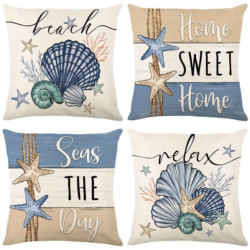 

4-pack Tropical Style Linen Blend Throw Pillow Covers, Hypoallergenic Zippered 18x18 Inch Printed Pillowcases With Ocean Seashell And Starfish Patterns For Various Room Types - Machine Washable