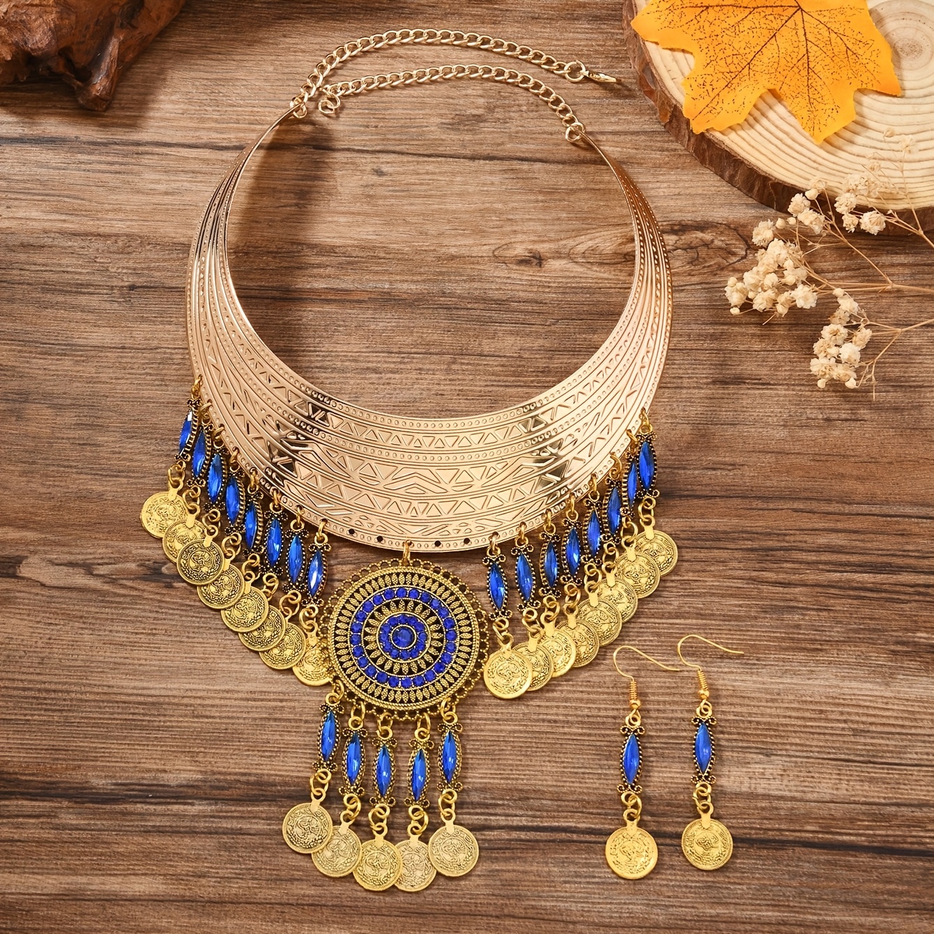 TEMU European And Round Collar Pendant Necklace And Earrings Set, Fashionable Ethnic Style Jewelry