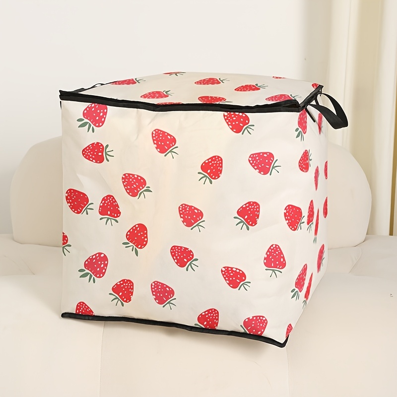 TEMU 1pc Clothing Lid Storage Bin, Strawberry Print Storage Bag, Large Capacity Folding Storage Bag For Blankets, Quilts And Clothes - Durable