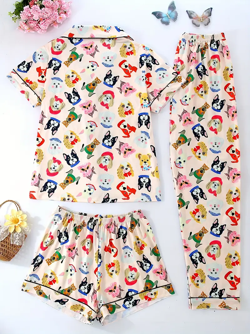 womens pajama set three pieces cute cartoon animal cute puppy casual collar top with drawstring waist shorts and trousers summer wear button pocket details comfortable knit fabric adult Product details 1