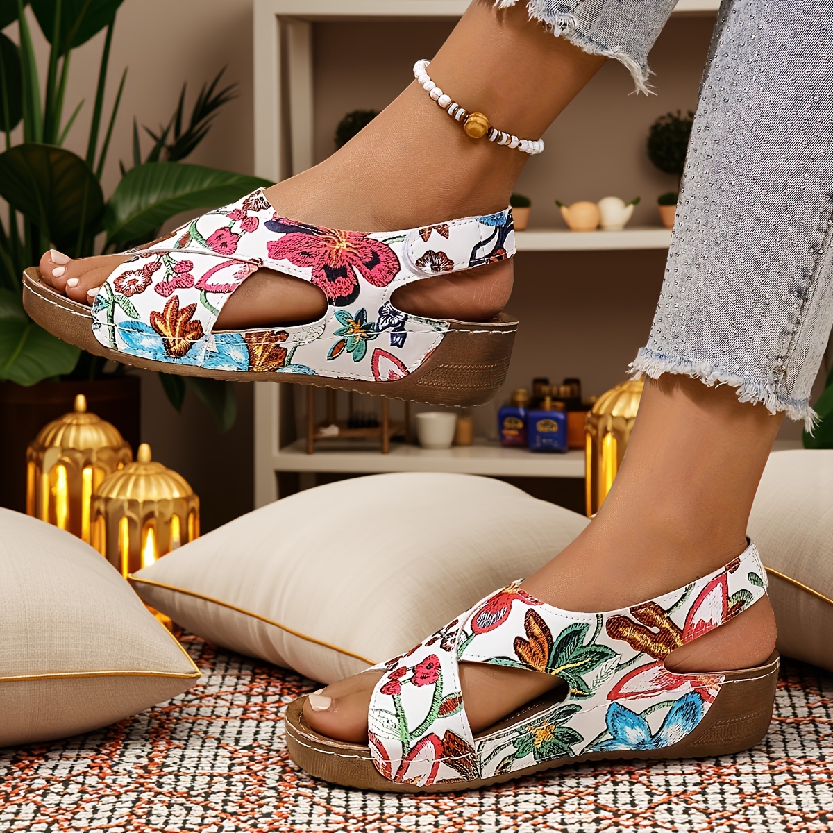 Women's Adjustable Hook-and-Loop Back Strap Floral Print Cross Strap Wedge Sandals - Soft Faux Cover Open-Toe Summer Beach Shoes with Cushioned Insole & PU Sole for Casual Outdoor Comfort, Crisscross Strap Design | Durable Comfort, Strappy Sandals