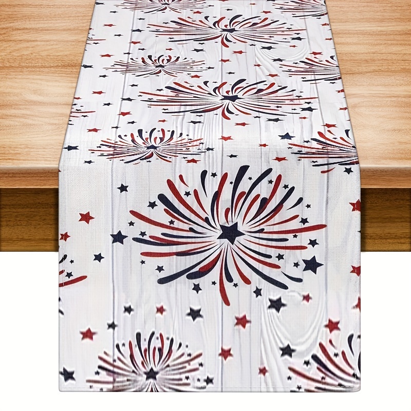 

1pc, Table Runner, Fireworks And Stars Printed Table Runner, Patriotic Dustproof & Wipe Clean Table Runner, Perfect For Home Party Decor, Dining Table Decoration, Aesthetic Room Decor